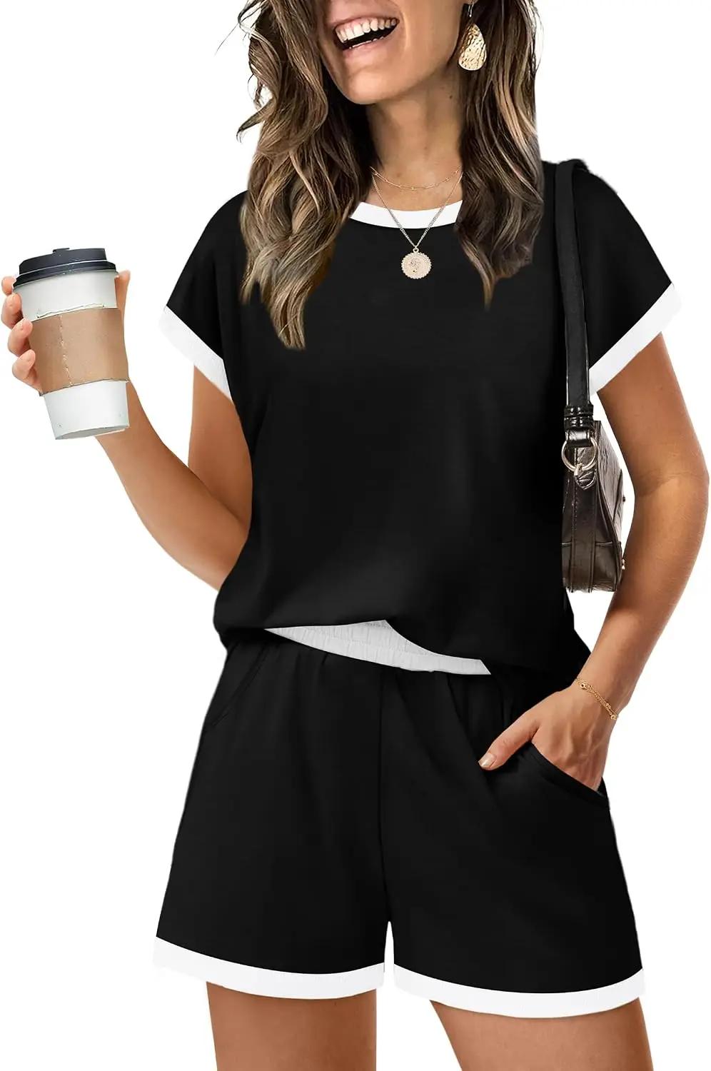 WIHOLL Two Piece Sets for Women Summer Lounge Short Sets Cap Sleeve Crew Neck Sweatsuit with Pocket XS-2XL OEKO-TEX STANDARD 100
