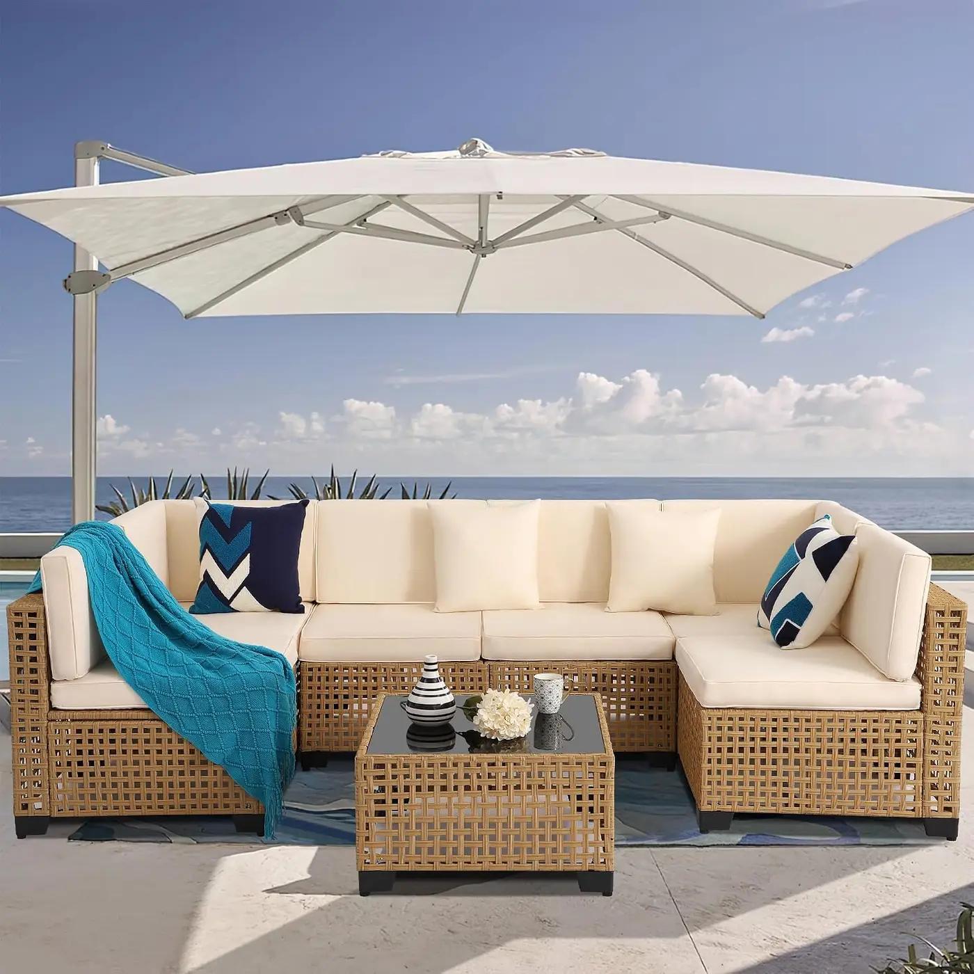 KIGOTY 7-Piece Patio Furniture Set, All-Weather PE Rattan Outdoor Sectional Sofa, Modular Wicker Conversation Set with Thick Cushions &amp; Easy-Clean Coffee Table（Yellow/White）