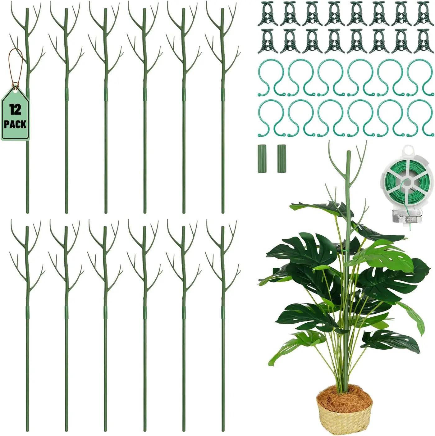 12 Pack Monstera Plant Support Stakes, 27.5 Inch Natural Looking Detachable Plant Stakes for Climbing Plants, Includes 16 Orchid Clips &amp; 12 Twist Ties &amp; 65ft Garden Tie Outdoor Indoor