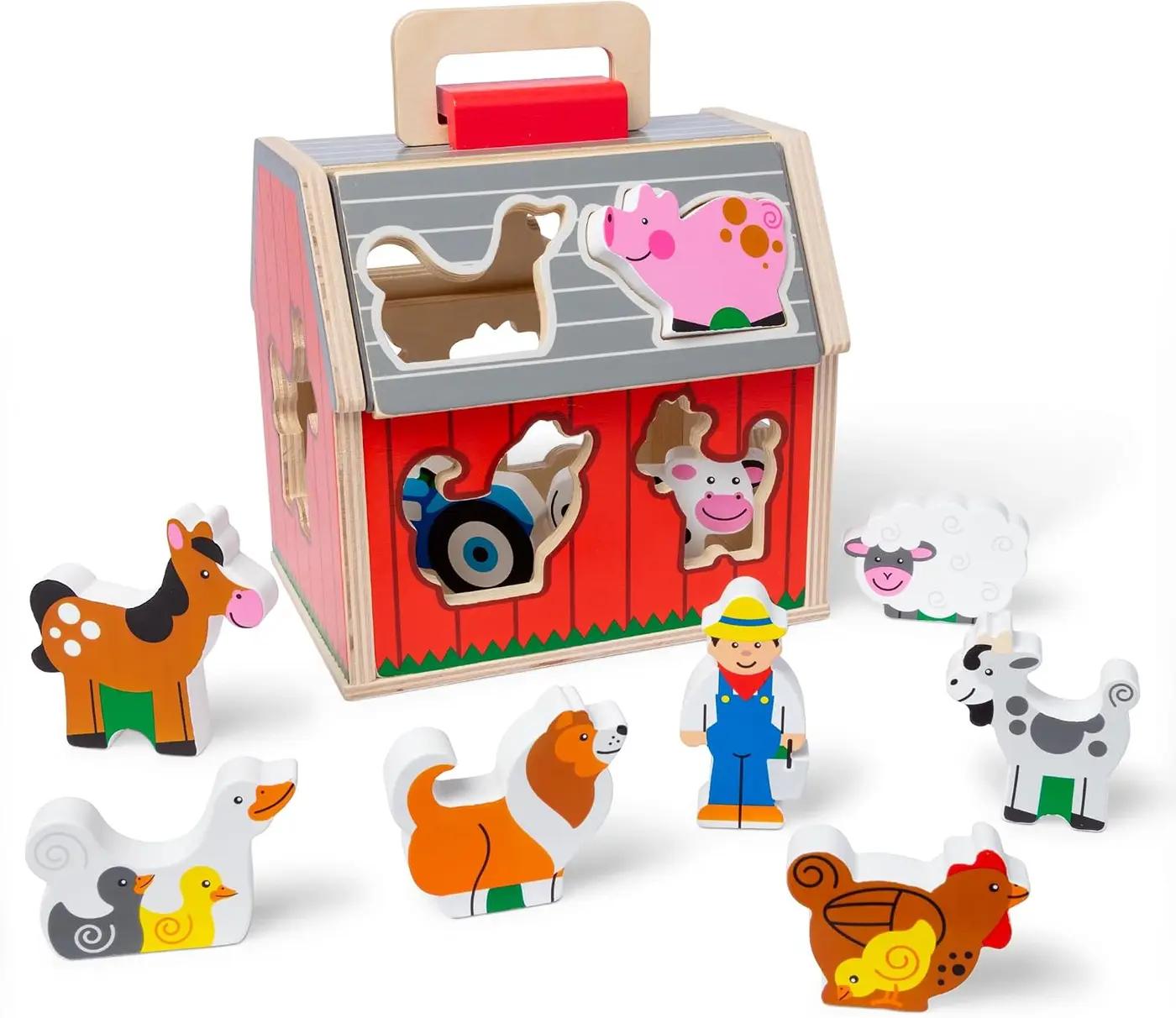 Melissa &amp; Doug Take-Along Wooden Toy Barn, 11-Pc Portable Toddler Playset with Farm Animals &amp; Pop-Up Roof, Preschool Learning Toys for Girls &amp; Boys 2+