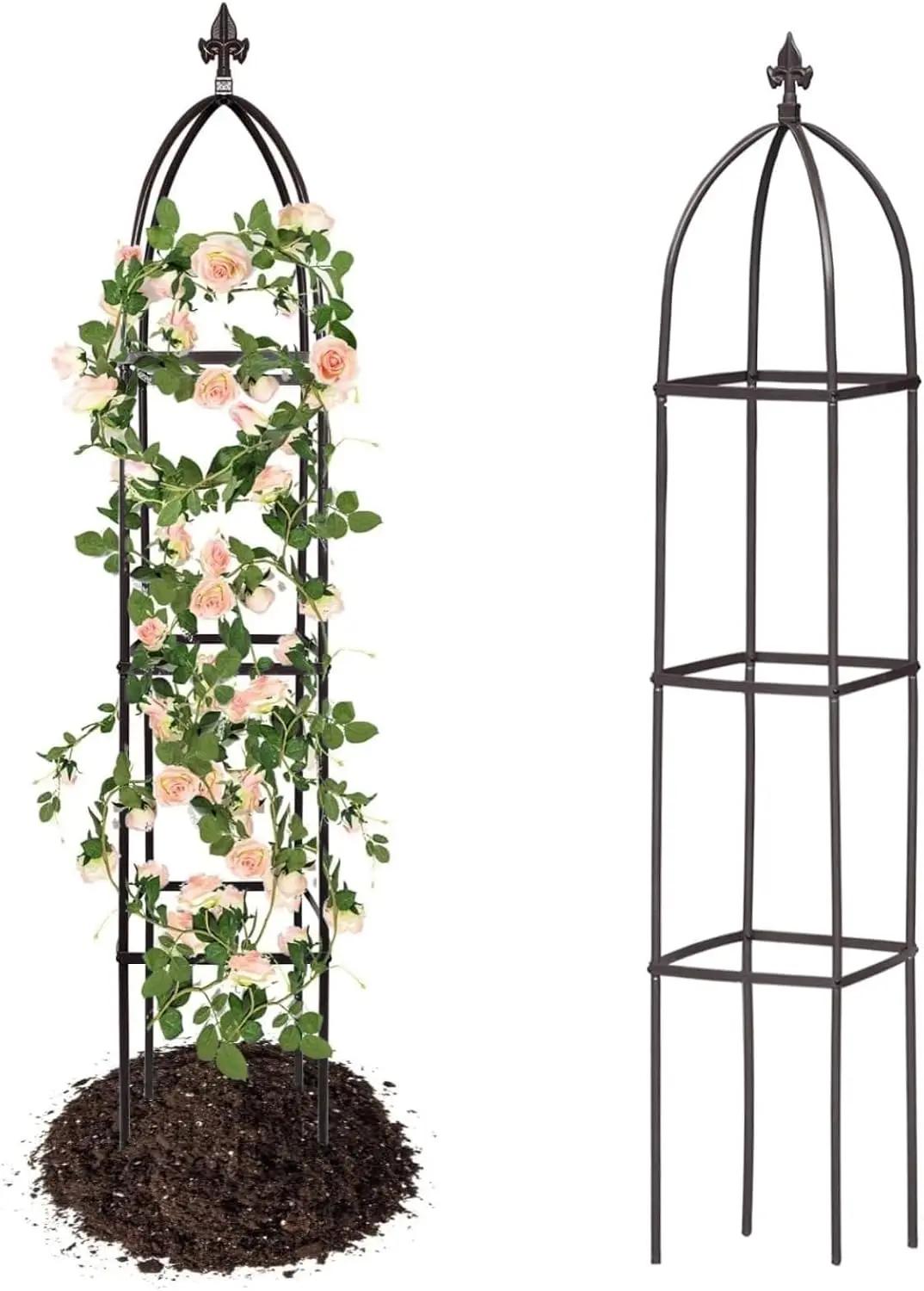 100% Metal Obelisk Trellis for Climbing Plants Outdoor &amp; Indoor - Powder-Coated Steel Tower Obelisk Plant Support - Heavy Duty Rust-Proof Garden Trellis for Climbing Vine Vegetables Flowers Black