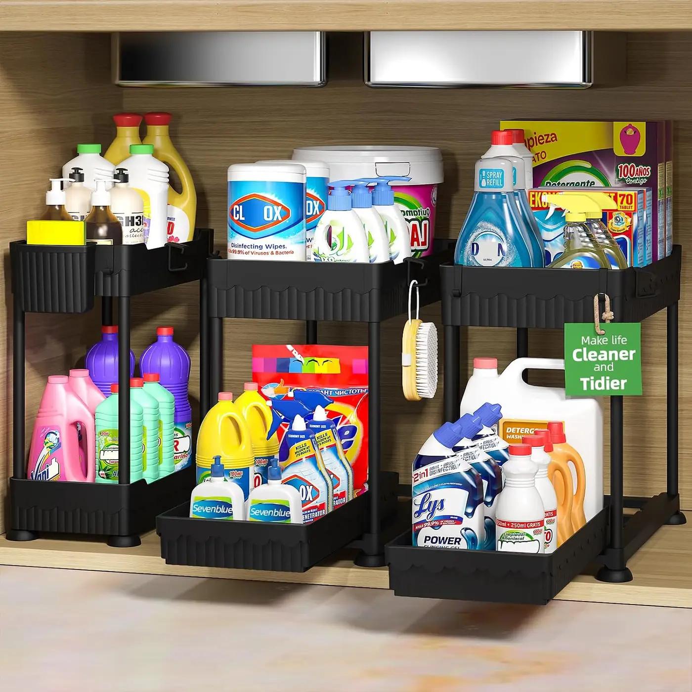 Sevenblue 3 Pack Under Sink Organizers,2-Tier Multi-Use Kitchen and Bathroom Organizers and Storage with Sliding Drawers,Bathroom Cabinet Organizer (Black,12.8 Inch) Recycled Claim Standard 100