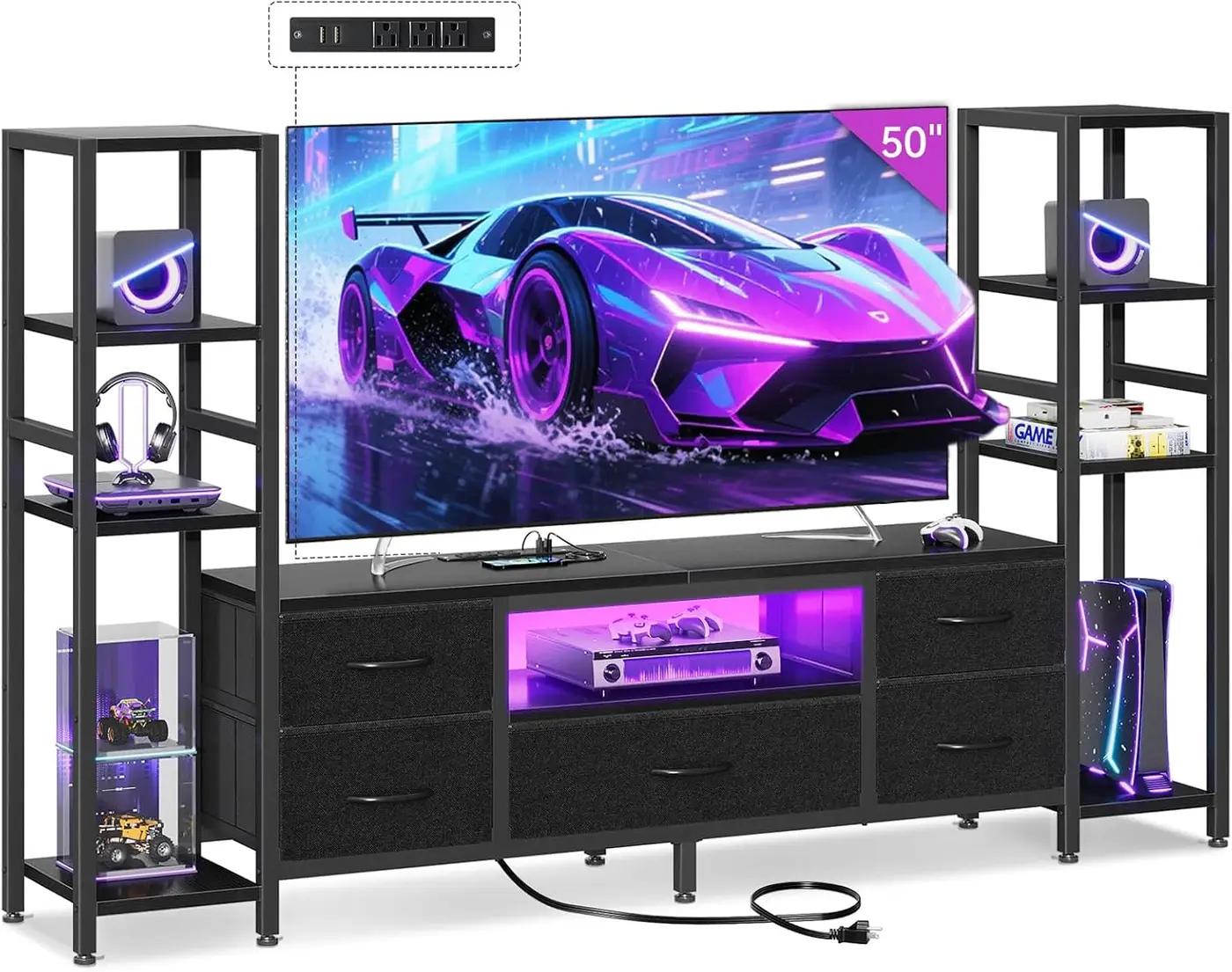 Casaottima TV Stand for 40/50/55 Inch TV, Low-Profile Entertainment Center with LED Lights &amp; Power Outlets, TV Stand with Drawers &amp; Open Shelves for Storage for Small Spaces/Living Room/Gaming, Black