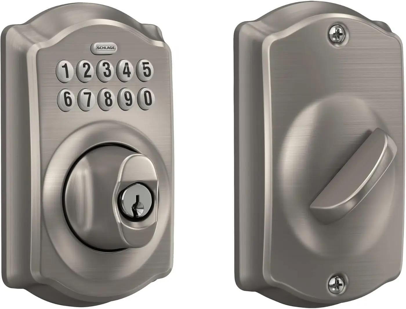 Schlage Camelot Electronic Keypad Deadbolt Lock, Keyless Front Door Entry, Mechanical Key Backup Included, Satin Nickel, BE365 V CAM 619