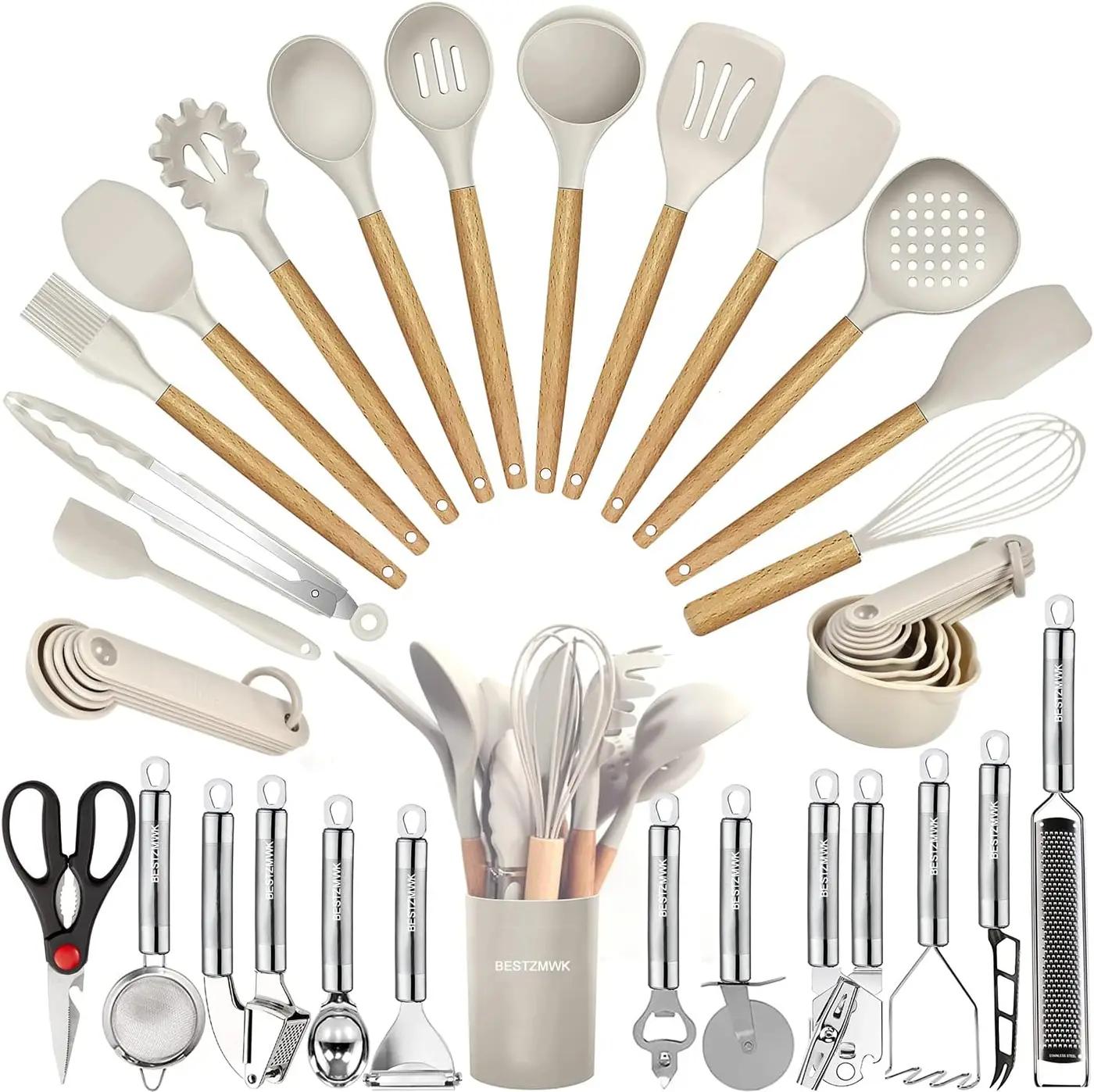 Kitchen Utensils Set- 35 PCs Cooking Utensils with Grater,Tongs, Spoon Spatula &amp;Turner Made of Heat Resistant Food Grade Silicone and Wooden Handles Kitchen Gadgets Tools Set for Nonstick Cookware